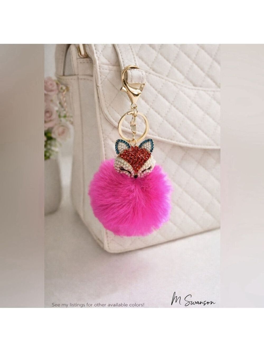NEW Fluffy Fox Rose Pink Pearl and Gold Rhinestone Bag Charm Keychain NWT